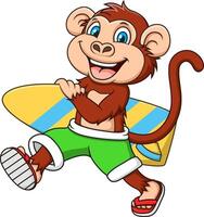 cartoon illustration of a monkey walking while holding a surfboard vector