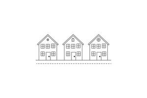 three simple houses in a row, minimalist line drawing, street outline graphic vector