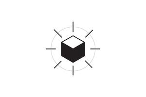 monochrome 3d cube icon with radiating lines, abstract geometric graphic vector