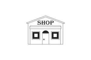simple shop building line drawing, storefront icon with text sign, isolated graphic vector