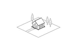 simple isometric house line drawing, cottage with trees in yard, isolated architectural sketch vector