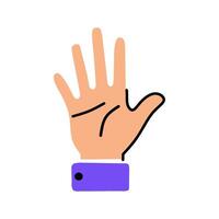 Hand showing open palm, symbolizing high five, stop, or greeting gesture. Perfect for teamwork illustrations, celebration scenes, or friendly UI elements vector