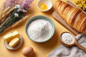 tempting flour in the rustic corner on a pastel yellow background photo