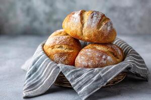 tempting bread roll in the rustic corner on a light gray background photo