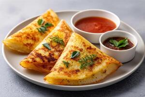 tempting dosa in the sunny corner on a light gray background, in a clean food photography style photo