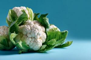 tempting cauliflower in the sunny corner on a pastel blue background photo