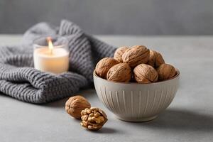 tempting walnuts in the cozy corner on a light gray background, in a clean food photography style photo