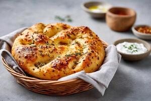 tempting fougasse in the rustic corner on a light gray background photo