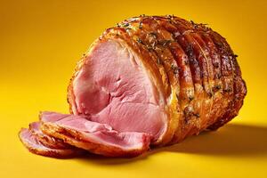 tempting ham on the bone in the minimalist corner on a cream background photo