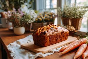tempting carrot bread in the cozy corner on a cream background, in a clean food photography style photo