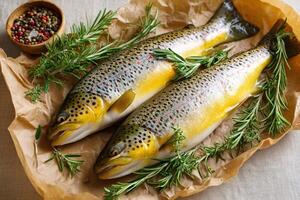 tempting trout in the cozy corner on a cream background, in a clean food photography style photo