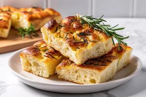 tempting focaccia in the minimalist corner on a white background, in a clean food photography style photo