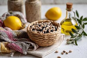tempting black eyed peas in the rustic corner on a cream background photo