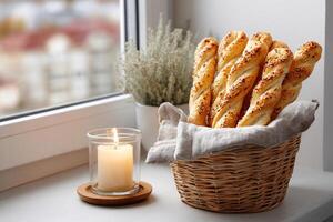 tempting breadstick in the cozy corner on a white background, in a clean food photography style photo