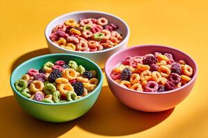tempting breakfast cereal in the sunny corner on a pastel yellow background photo