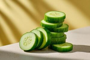tempting cucumber in the minimalist corner on a cream background, in a clean food photography style photo