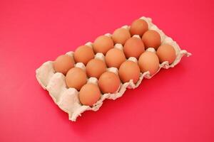 Fresh Brown Eggs in a Carton on a Pink Background photo