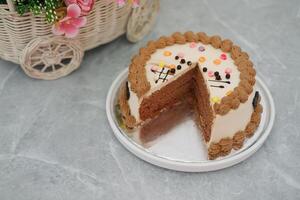 Delicious Chocolate Cake with Cream Frosting and Sprinkles photo