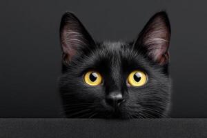 Black cat with bright yellow eyes peeking over a dark surface in a dimly lit space photo