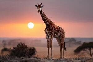 Giraffe stands gracefully at sunset in an open savanna landscape photo