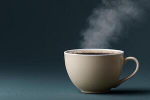 Warm coffee cup steaming on a simple surface with a muted backdrop in soft lighting photo