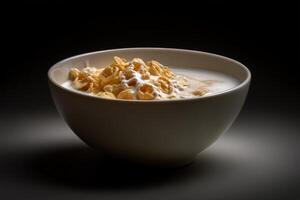 Bowl of cereal mixed with milk on a dark background capturing breakfast simplicity photo
