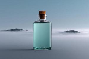 Calming bottle of turquoise liquid set against a foggy landscape at dawn photo