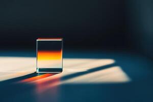 Colorful light refracting through a crystal block in soft shadows during morning hours photo
