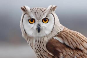 Majestic owl with striking orange eyes perched on a branch in soft morning light photo
