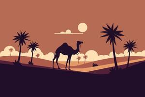 A silhouette of a camel in the desert with palm trees vector