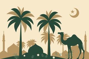 Islamic background with camel and palm trees vector