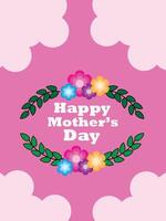 Pink floral Mother's Day greeting card with bold text and leaf wreath design. vector