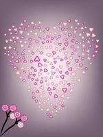 Heart-shaped design of pink petals and flowers on a soft gradient romantic background. vector