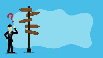 Confusing businessman manager looking at multiple road sign and thinking which way to go vector