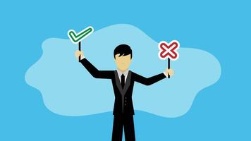 Thoughtful businessman holding right or wrong of left and right hand while making decision vector