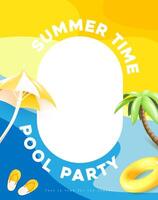 Fun summer poster with palm tree, umbrella, float, and sandals on yellow and blue background. Ideal for pool party invitations, event ads, and seasonal promotions. vector