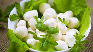 queso Mozzarella en blanco cuenco con verduras en gris antecedentes. parte superior ver video