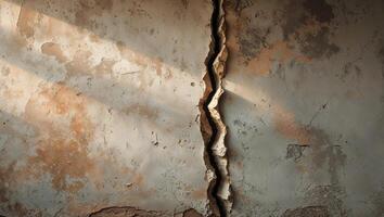 textured wall with prominent crack running vertically down surface wall shows signs of age and weathering with various discolorations and imperfections photo
