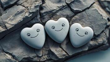 Three heart shaped stones smiling and sitting on a rock photo