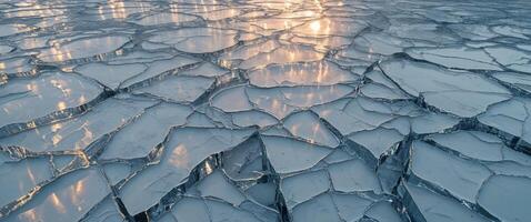 Abstract Frozen Surface with Cracks and Glimmering Light Reflections Capturing the Beauty of Fractured Ice Texture and Winter Mood photo