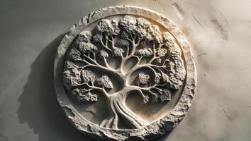 Stone carved tree relief evoking a sense of age and resilience in nature photo