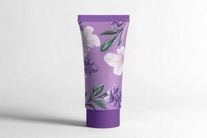 Purple cosmetic tube with floral design isolated on white background with sharp detail and minimalistic aesthetic photo