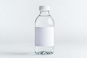 A clear plastic water bottle with blank white label for showcasing brand or product design isolated on white background photo