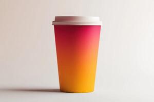 Disposable paper cup with red and orange gradient design, isolated on white background for coffee branding and packaging mockups photo