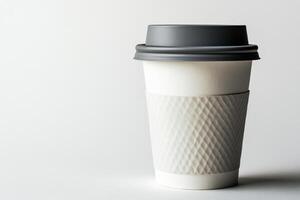 White paper coffee cup with gray lid isolated on white background with sharp details and minimalistic aesthetic photo