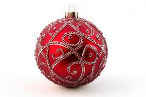 3D render of a shiny red Christmas ornament isolated on a clean white background perfect for holiday decoration and festive designs photo