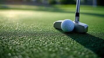 Nice Close-Up View of a Golf Putter and Ball on Grass photo