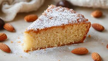 A delectable slice of almond cake presented elegantly photo