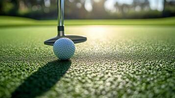 A close-up view of a golf putter and ball on the green photo