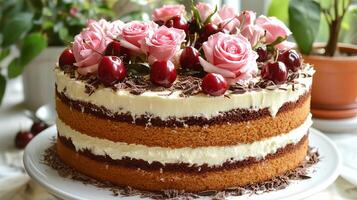 A delectable layered cake topped with fresh fruits photo